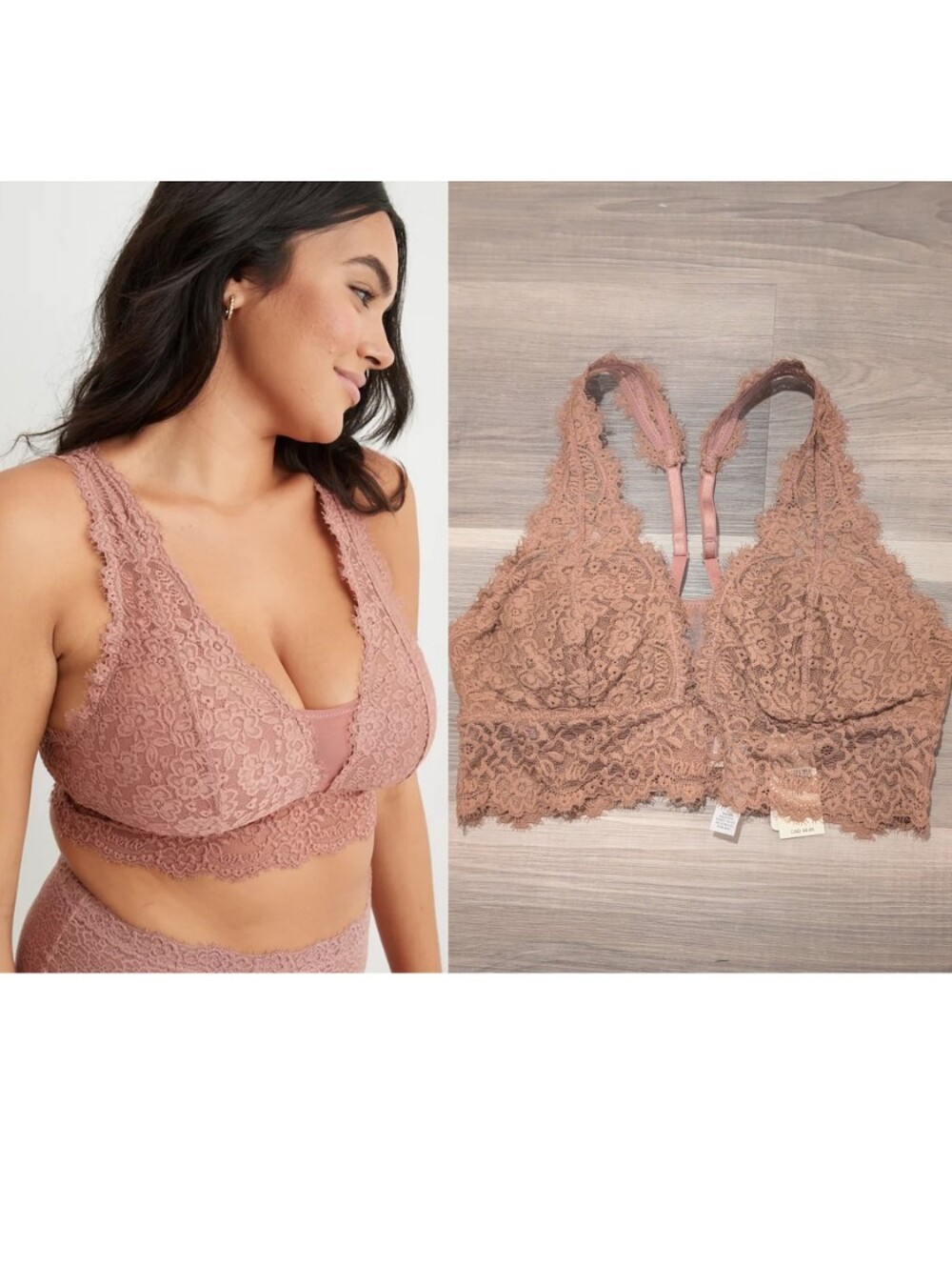 Aerie | Eyelash Lace Plunge Racerback Bralette In Dusty Rose Brown